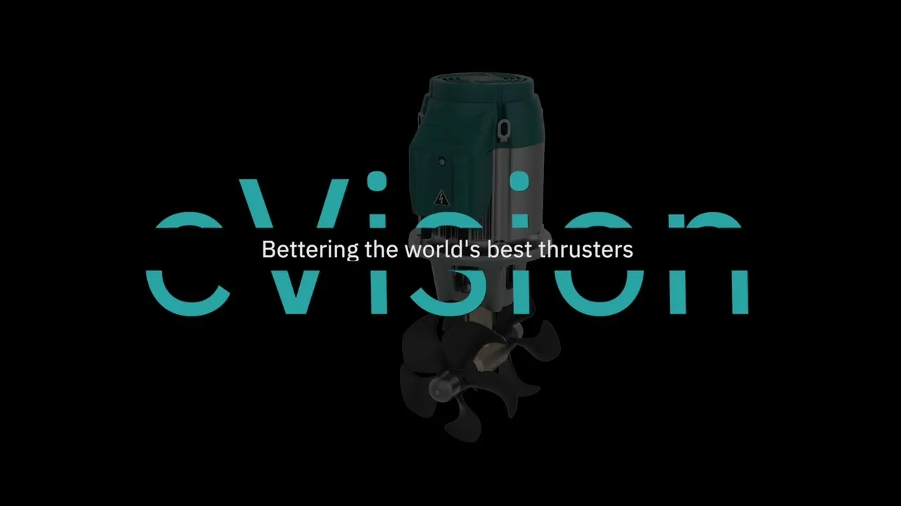 A still from Sleipner's eVision video: a dark green and silver tunnel thruster motor with its propeller below, over the word eVision.