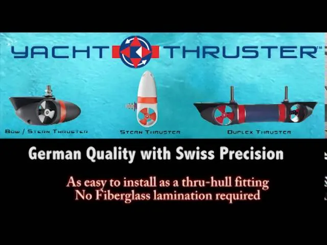 A still from Yacht Thruster's powerboat video: the title card with the bow and stern unit, the stern unit and the Duplex unit drawn side by side.