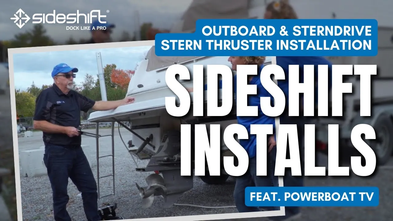 A still from Sideshift's stern install video: two people at the transom of a sterndrive boat on its trailer, titled Sideshift Installs.