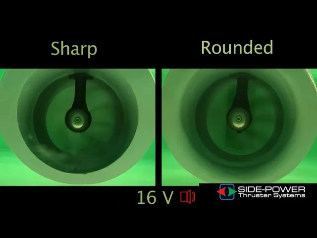 A still from Sleipner's tunnel video: two tunnel mouths side by side under water, labeled Sharp and Rounded, each with a propeller inside.
